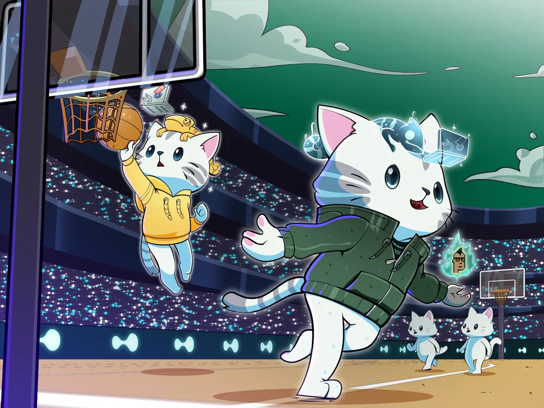 two cats play basketball in a packed stadium, one jumping for a layup