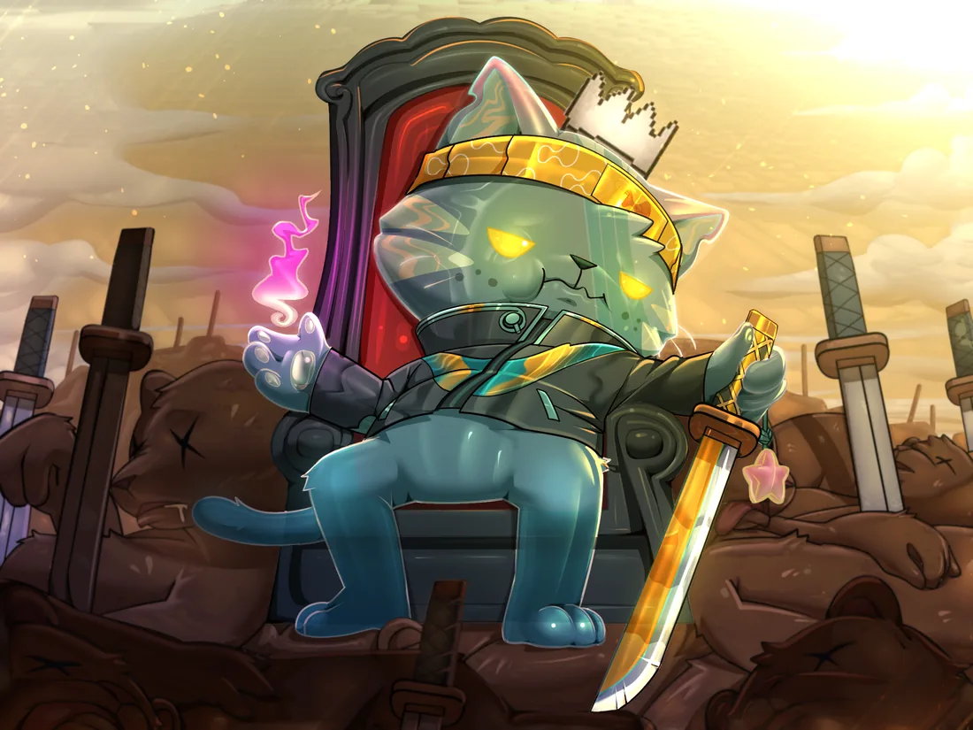 a translucent cat with glowing eyes sits on a throne holding a golden katana, surrounded by defeated bears