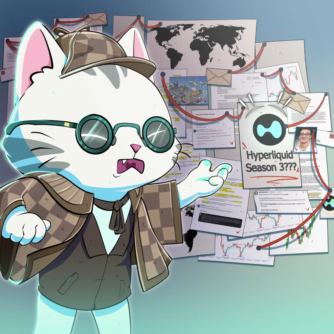 a detective cat in a deerstalker gestures at an evidence board covered in charts and red string