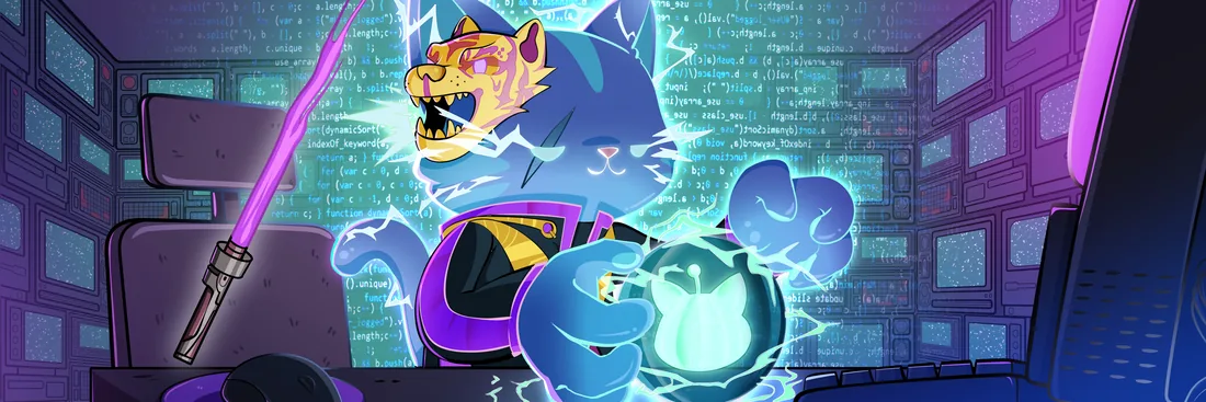 a blue cat wearing a tiger mask crackles with electricity while holding a glowing orb in a control room
