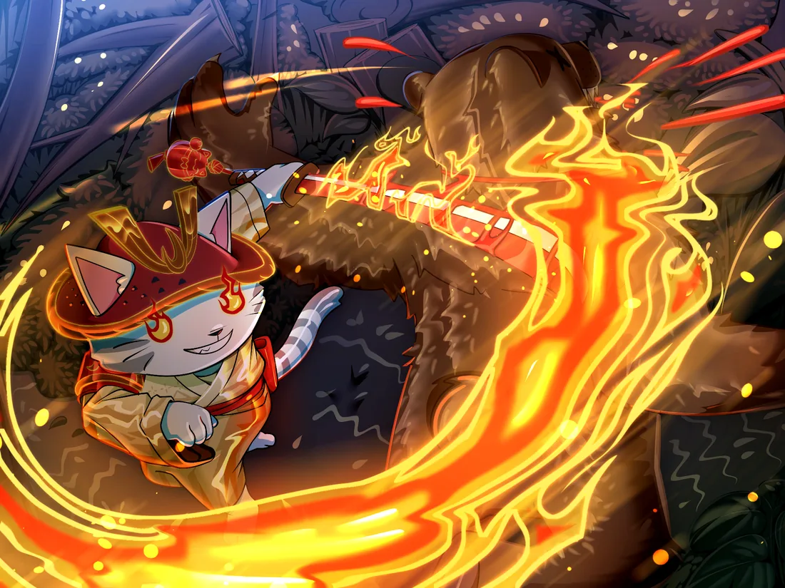 a samurai cat swings a flaming katana at a towering bear