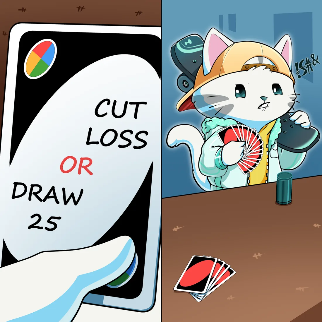 a cat in a backwards cap holds a huge hand of cards next to a card reading cut loss or draw 25