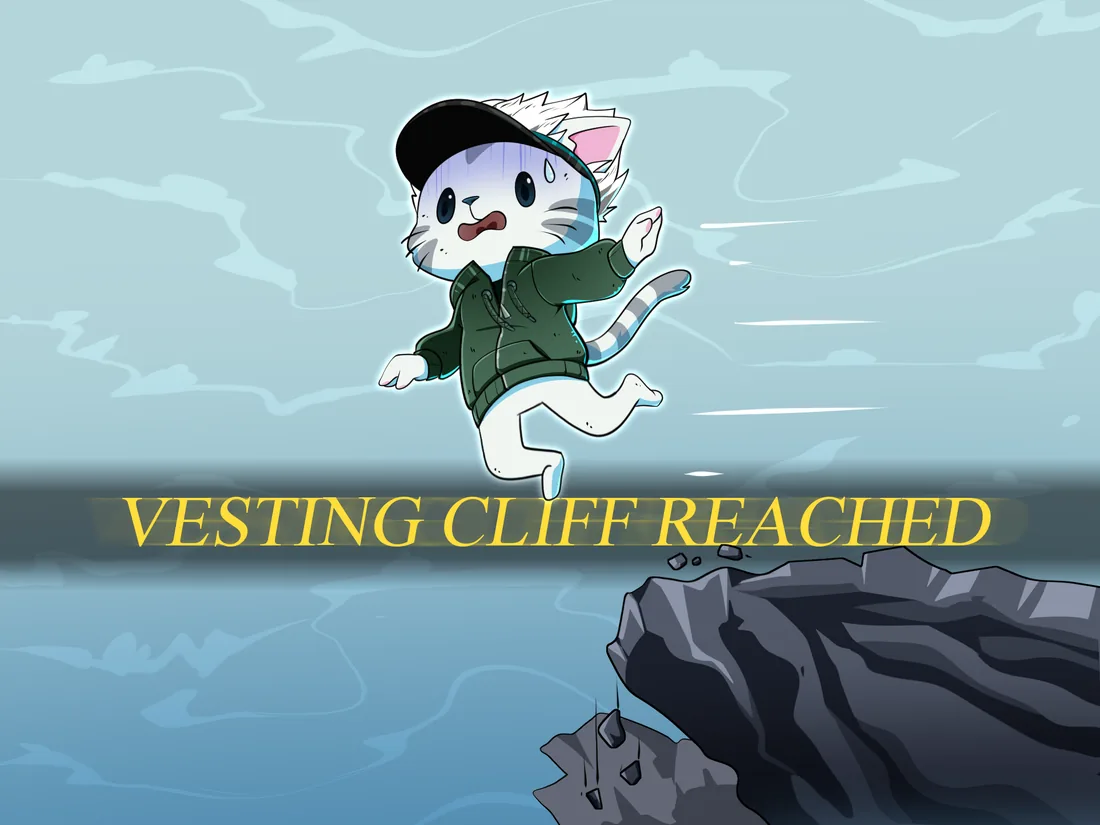 a cat in a cap runs off the edge of a cliff above the words vesting cliff reached