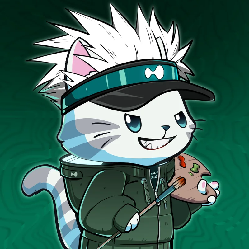 a white cat with spiky hair and a visor grins while holding a paint palette and brush