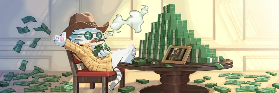 a cat in a cowboy hat leans back with its feet on a table beside a pyramid of cash