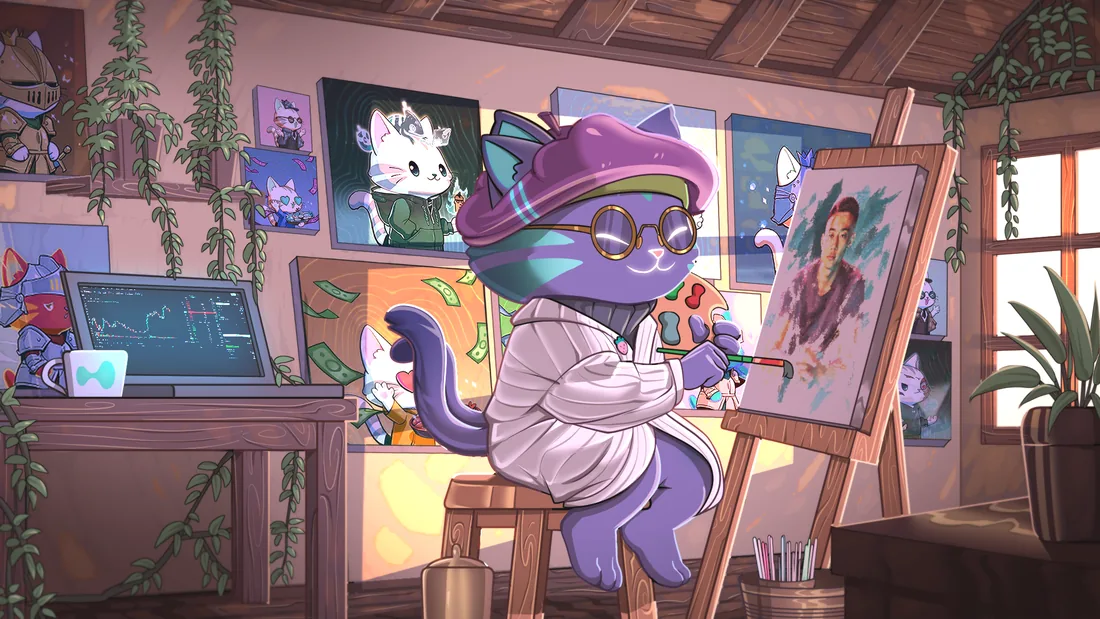 a purple cat in a beret paints a portrait in a sunlit attic studio full of framed artwork
